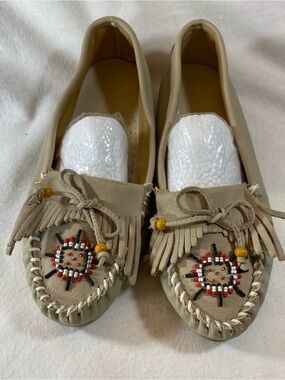 Fringed Beaded Moccasin Flats in Beige